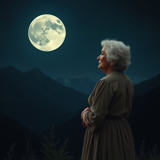Create a serene night scene with a thoughtful older woman gazing at a full moon over mountains, dressed in elegant, flowing attire, capturing a sense of nostalgia and tranquility.