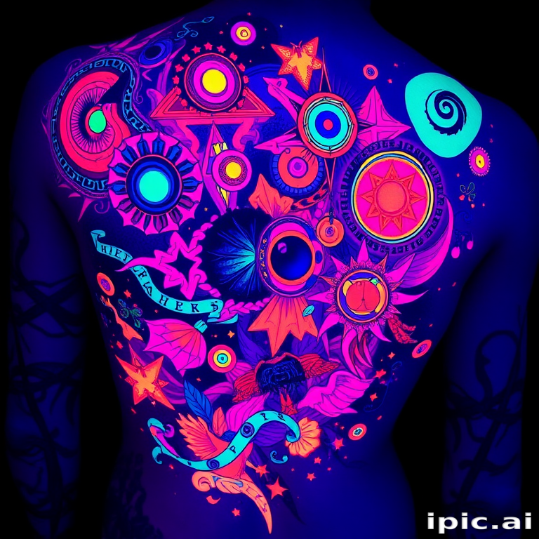 Psychedelic UV blacklight tattoo entitled "Neon Dreamscape" featuring a vibrant abstract composition of swirling patterns geometric shapes and surreal imagery rendered in specialized UV-reactive inks that appear as subtle pastel hues in normal lighting but transform into a kaleidoscope of fluorescent colors under blacklight creating a mesmerizing visual spectacle that seems to come alive in the dark