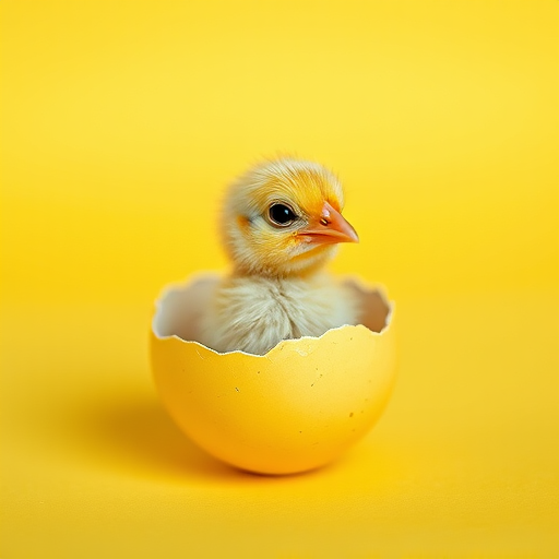 Baby chick emerging from a cracked yellow eggshell on a bright yellow background, soft focus with a shallow depth of field, ISO 200, f/1.8, 50mm lens, natural light, DSLR camera.