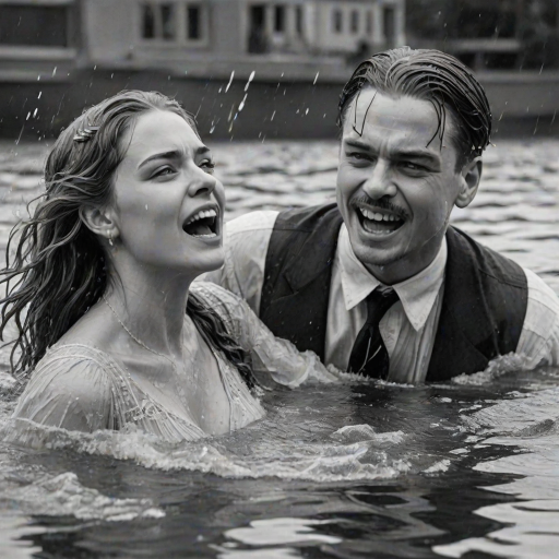 A hyperdetailed photorealistic black and white pencil sketch recreating the iconic scene at the end of Titanic with Jack and Rose floating in the water, only show them making exaggerated funny faces at the camera. Show Rose spitting water at the camera.