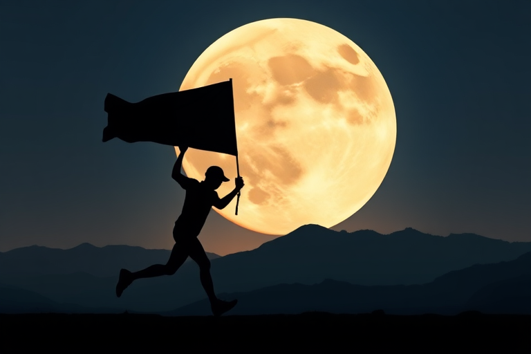 Create an image of a silhouette of a person running with a flag in front of a large moon, mountains in the background, captured with a DSLR camera, aperture f/4, ISO 100, shutter speed 1/250s, in a landscape orientation.