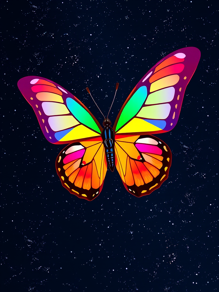 Create a vibrant, low-poly butterfly design with a colorful geometric pattern set against a starry night sky using a DSLR camera, f/2.8 aperture, ISO 100, 50mm lens, and wide-angle view for enhanced clarity and depth.