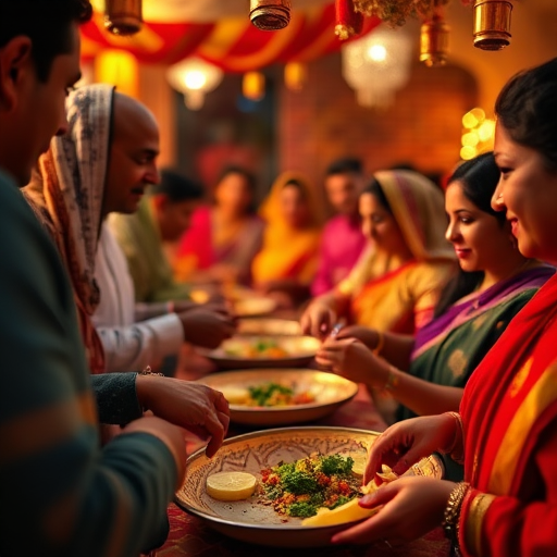 generate an image of a festive gathering with people in traditional attire sharing food, warm lighting, vibrant colors, close-up shot, 50mm lens, f/1.8 aperture, ISO 200, natural lighting, depth of field to enhance focus on the subjects and background blur