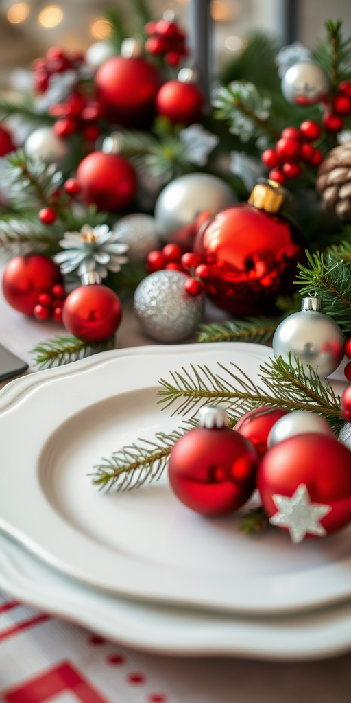 close-up shot of a festive table setting with a white plate surrounded by red and silver Christmas ornaments and pine branches, f/2.8 aperture, 50mm lens, ISO 200, natural light, soft focus background, DSLR camera