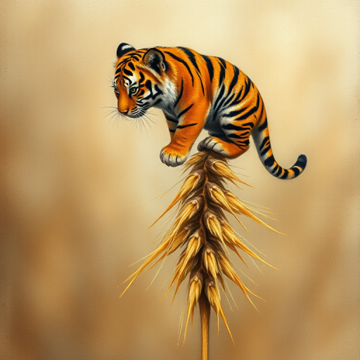 Soft, muted Alcohol Ink with ebru effect background image of tiny whimsical tiger, who climbed high on the top of a golden rye ear.