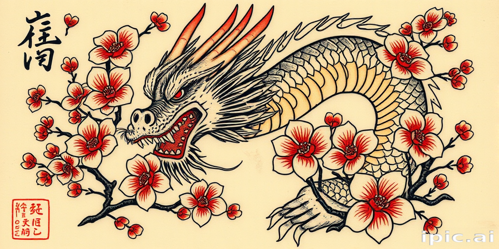 Traditional Japanese irezumi tattoo depicting a fierce dragon entwined with cherry blossoms, bold outlines and vibrant colors following time-honored techniques, rich cultural symbolism and storytelling