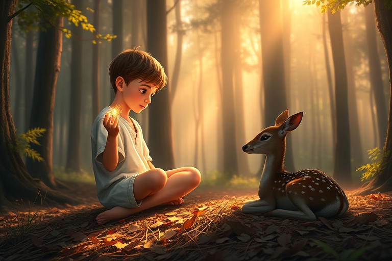 A luminous digital painting of a serene forest scene featuring a barefoot young boy, about 7 years old, with brown hair and fair skin, dressed in a simple white outfit. He sits cross-legged on the forest floor, gazing at a small, glowing, magical firefly in his hand. Beside him, a delicate spotted deer lies calmly on a bed of dried leaves, observing the scene. The dense forest is bathed in warm, golden light filtering through the trees, creating a peaceful, magical atmosphere with a blend of natural and mystical elements.