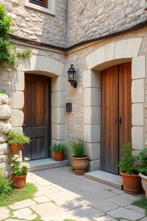 Regenerate the image of a rustic building with stone walls and wooden doors, featuring potted plants and greenery around, shot in natural light, using a DSLR camera, aperture f/5.6, ISO 200, shutter speed 1/125s, at a 35mm focal length from an eye-level angle for enhanced image quality.