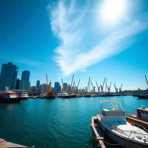 city harbor scene with cranes and boats in the foreground, bright blue sky, mid-afternoon sunlight, shot with a DSLR camera at f/8, ISO 200, 1/250s, wide-angle perspective for depth, vibrant colors and sharp details