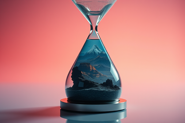 Create a high-resolution image of a futuristic hourglass with a detailed landscape scene inside, set against a gradient background, using a Canon EOS R5 camera with a 50mm lens, f/2.8 aperture, ISO 100, and a soft focus style, capturing intricate reflections and shadows for a vivid and immersive effect.