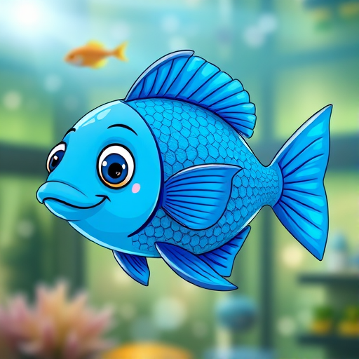Create a vibrant illustration of a blue cartoon fish swimming gracefully, with detailed scales and flowing fins, using a soft focus to enhance the artistic quality, shot from a slightly above angle using a digital drawing tablet, with a resolution of 300 DPI and an aspect ratio of 16:9.