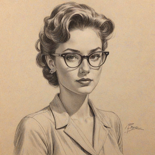 Gorgeous Den'e Benton, pencil sketch, portrait of Attractive woman 1948s in glasses, hair style beatnik, outline, clear lines, fine lines, 8k