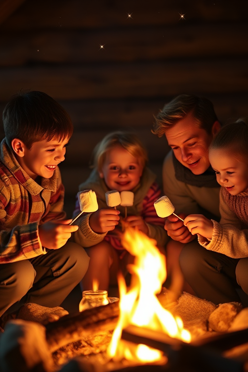 Warm, intimate image of a family roasting marshmallows by a crackling fire in a cozy cabin, soft glow from the flames casting warm shadows on their faces, with distant stars twinkling overhead.