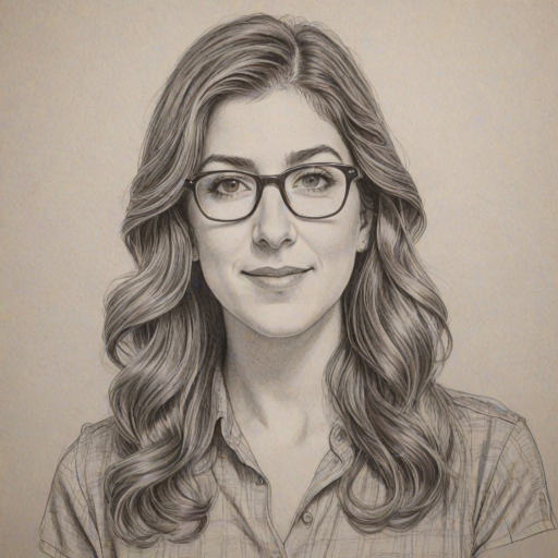 Elegant Mayim Bialik, pencil sketch, portrait of Radiant woman 1973s in glasses, hair style beatnik, outline, clear lines, fine lines, 8k
