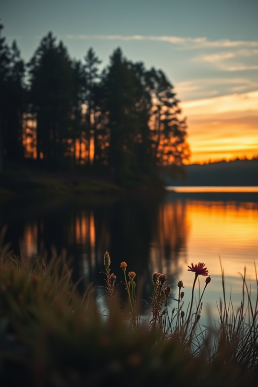 Soft-focus image of a peaceful lakeside at sunset, with soft reflections of the sky in the water, surrounded by tall trees and wildflowers along the shore.