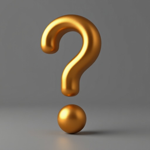 Create a high-resolution 3D rendering of a shiny golden question mark with a smooth surface, using a Canon EOS R5 camera at f/8 aperture, 50mm lens, ISO 100, soft studio lighting, and a neutral gray backdrop for optimal contrast and focus.