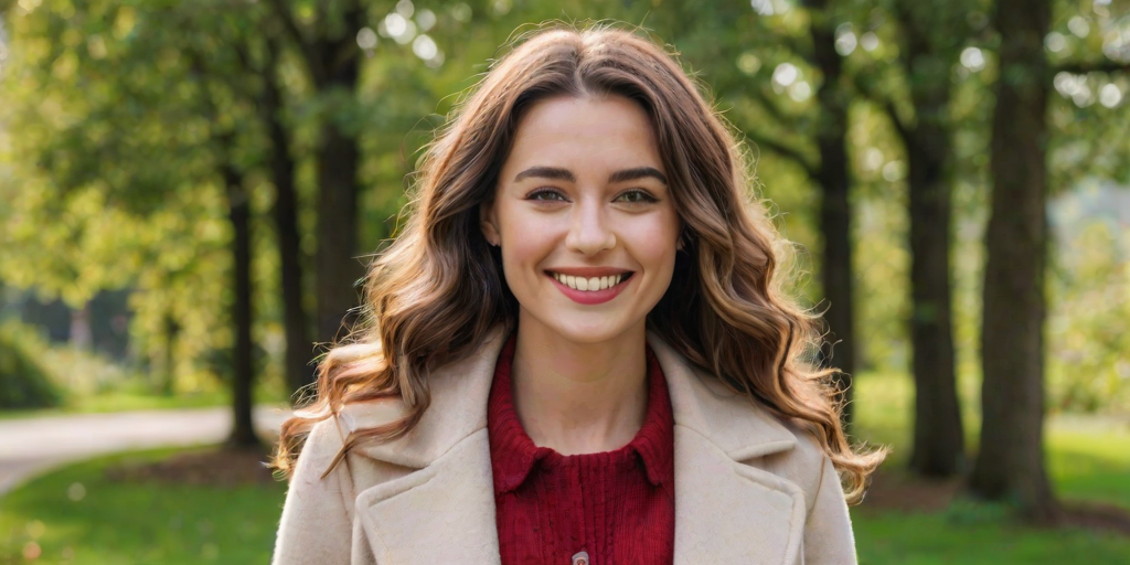 Generate an image of a smiling woman with long, wavy hair, wearing a light-colored coat over a red sweater, standing outdoors with a blurred background of greenery.