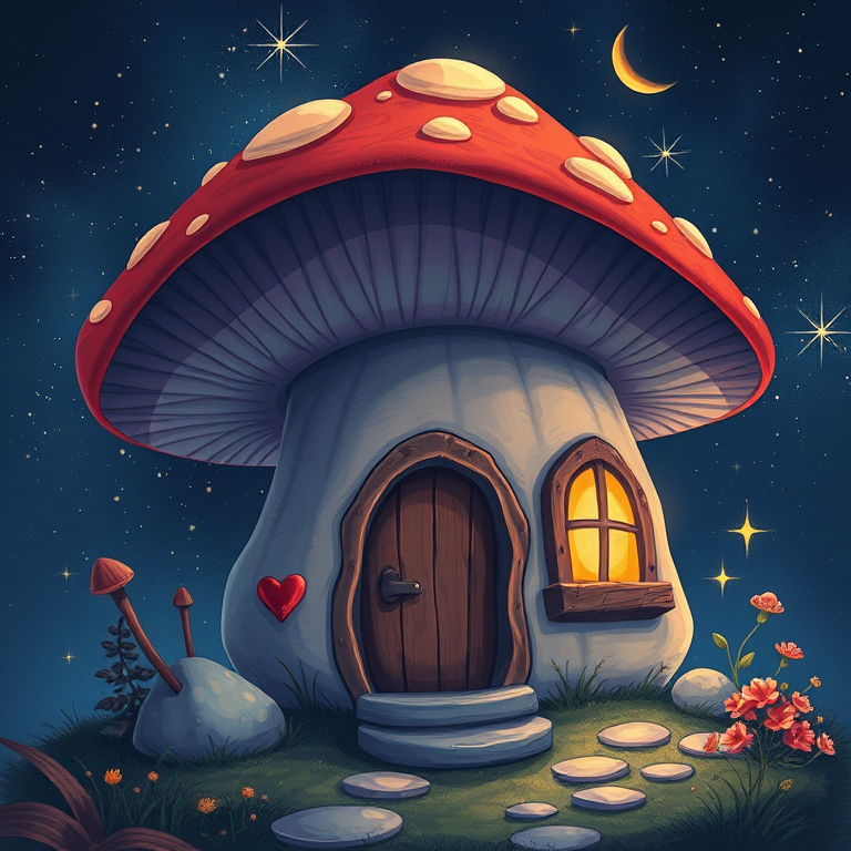 create illustration of a mushroom house with a door and a window, a storybook , fantasy art, mushroom house, bg starry sky, sparkles