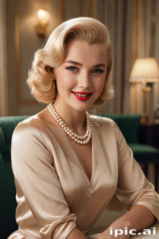 A beautiful woman reminiscent of 1950s Hollywood glamour, with perfectly styled blonde hair and a seductive smile, dressed in a satin blouse and adorned with pearls, soft and warm tones, photorealistic, 8K