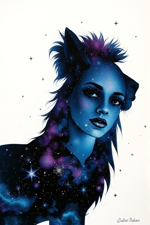 Captivating conceptual render alcohol ink art, double exposure, the paint strokes artfully merge combining a woman's full silhouette with a Adorable alpaca's silhouette. The figures are composed of a series of colored dots, lines & spots that evoke the image of a cosmic galaxy, colors are deep shades of blue purple & black with flashes of white & silver representing distant stars. The woman's silhouette is formed within the lion's silhouette from constellations of scattered stars, surreal