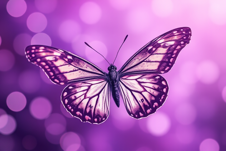 Create an ethereal image of a butterfly with intricate patterns on its wings, set against a dreamy purple background filled with soft, glowing bokeh lights. The atmosphere should be magical and whimsical, highlighting the delicate features of the butterfly.