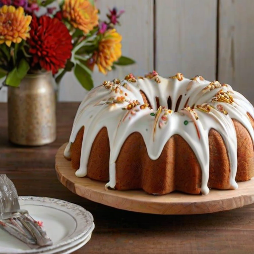 Generate an image of a beautifully decorated bundt cake on a wooden cake stand. The cake should have multiple layers, with smooth frosting in between and on top. Surround the cake with rustic kitchen elements like vintage jars, a coffee pot, and wooden utensils. The background should feature dark wooden textures to create a warm, inviting atmosphere.