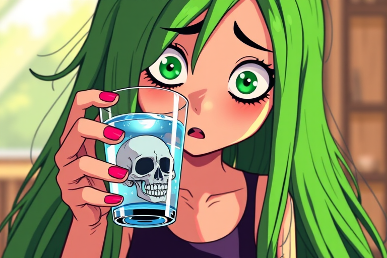 Create an illustration of a cartoon character with long green hair holding a glass of water with floating skulls, emphasizing a surprised expression, in vibrant colors, using a Canon EOS R5 camera with a 50mm f/1.2 lens, shot in natural light from a 45-degree angle to enhance detail and depth.