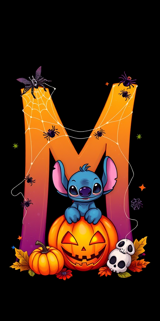 A whimsical and vibrant Halloween-themed digital illustration featuring the letter "M" adorned with spider webs, small bats, and cute spiders. At the base of the letter, a playful alien character similar to Stitch is peeking out from inside a carved pumpkin with glowing eyes, surrounded by additional pumpkins, a small skull, and autumn leaves. The letter is gradient-colored from orange to purple, adding a magical atmosphere to the scene, black background
