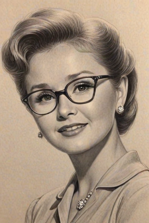 Gorgeous Debbie Reynolds, pencil sketch, portrait of Captivating woman 1948s in glasses, hair style beatnik, outline, clear lines, fine lines, 8k