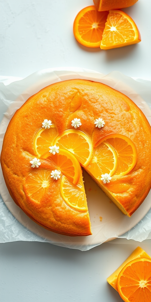 A beautifully baked round cake with a golden crust and a smooth texture, decorated with orange slices and small white flowers, placed on a white parchment paper on a light blue surface. A portion of the cake is cut out, revealing its yellow interior.