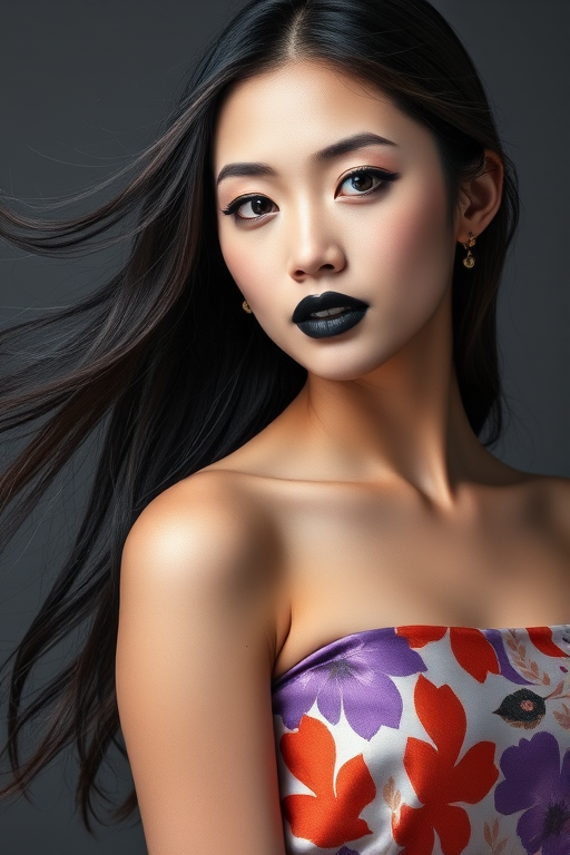 Photographic image of a beautiful young Asian woman, blue eyes, lips with black lipstick, long hair fluttering in the wind and wearing a silk strapless dress with a soft purple and orange print. monochrome image with only color highlights in the iris of the eyes, lipstick and dress. Gray background.