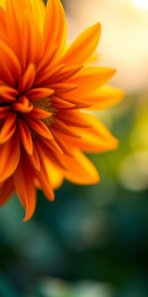 Capture a close-up shot of a vibrant orange dahlia flower with soft background bokeh, using a DSLR camera with a 50mm lens at f/1.8 for shallow depth of field, ISO 200, shutter speed 1/250s, natural lighting to accentuate the petals' texture and colors.
