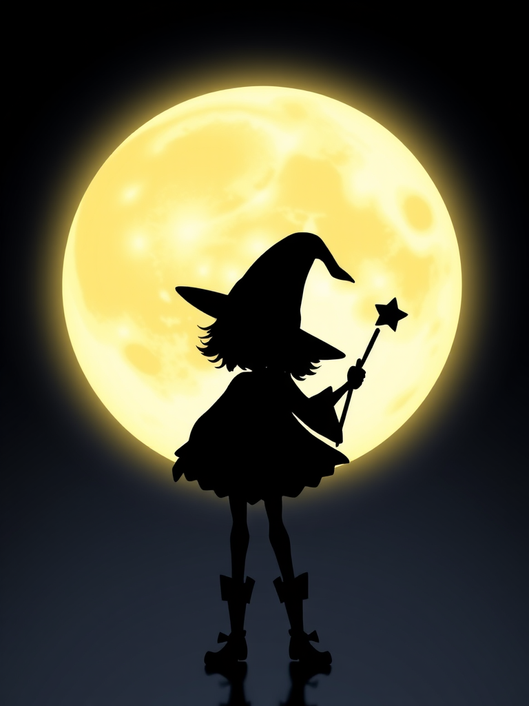Create a silhouette of a whimsical figure wearing a pointed hat, holding a star wand, set against a bright circular background that resembles a glowing moon. The figure should have a playful and enchanting vibe, emphasizing a sense of magic and wonder.