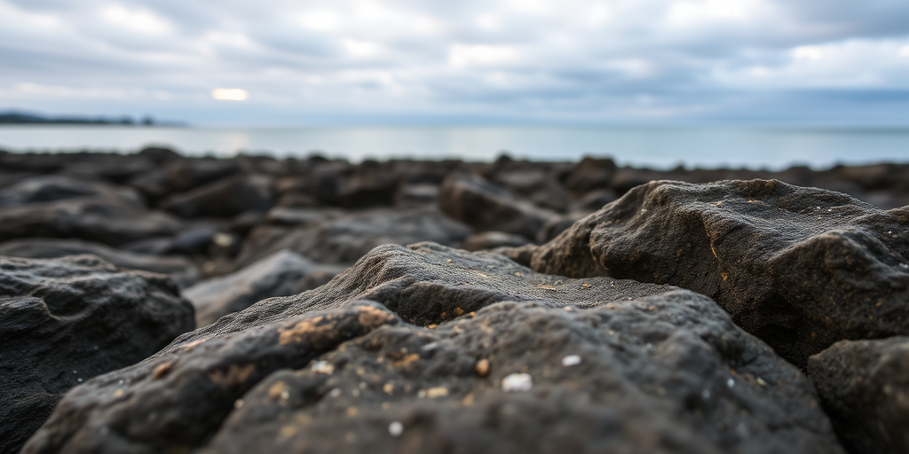 Capture a coastal scene at dawn with a focus on textured rocks in the foreground, smooth water reflecting overcast skies, ISO 100, f/8, 1/250s, wide-angle lens, DSLR camera, natural light.