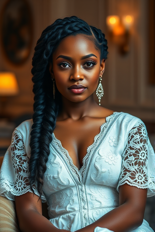 Create a portrait of a refined and elegant African American woman seated in a sophisticated setting. She has long, wavy hair styled in two thick braids that are pulled over her shoulders. She wears a white, lace gown with intricate patterns, featuring a deep V-neckline and short sleeves. The dress exudes a vintage charm with its delicate lacework. She is adorned with ornate, dangling earrings that add a touch of glamour to her appearance. The background is softly lit, with warm, ambient lighting that creates a cozy and inviting atmosphere. Her expression is poised and serene, capturing a sense of grace and elegance.