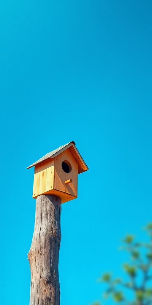Create a highly detailed and vibrant illustration of a birdhouse perched on a wooden post against a bright blue sky, using a DSLR camera with a wide-angle lens at f/8, ISO 100, and a shutter speed of 1/200 seconds, capturing a clear view with a soft focus on the background for depth.