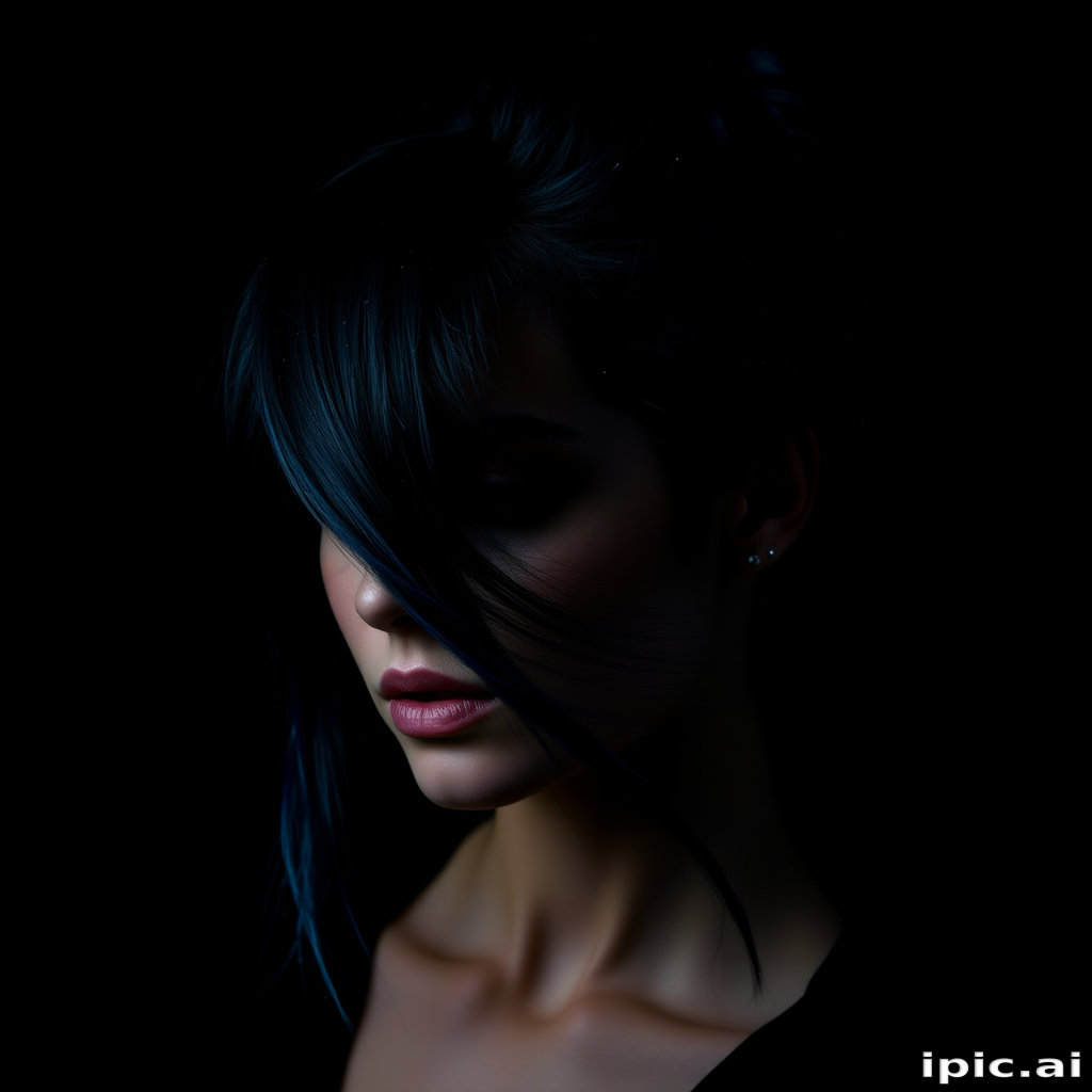 Mysterious dark portrait featuring Midnight Galaxy locks, deep blue-black base with subtle sparkles resembling stars, styled in a sleek updo