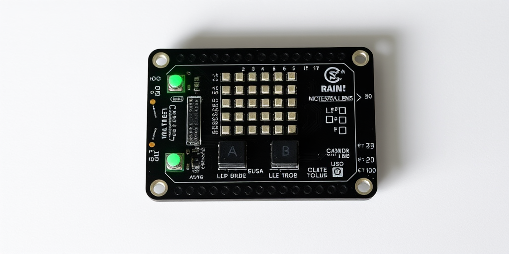 Create a high-resolution image of a black microcontroller board with a grid of LED lights in the center, two buttons labeled A and B, and labeled connections at the bottom, using a professional DSLR camera with a 50mm lens, aperture set to f/2.8, ISO 100, and a well-lit softbox setup for even lighting.
