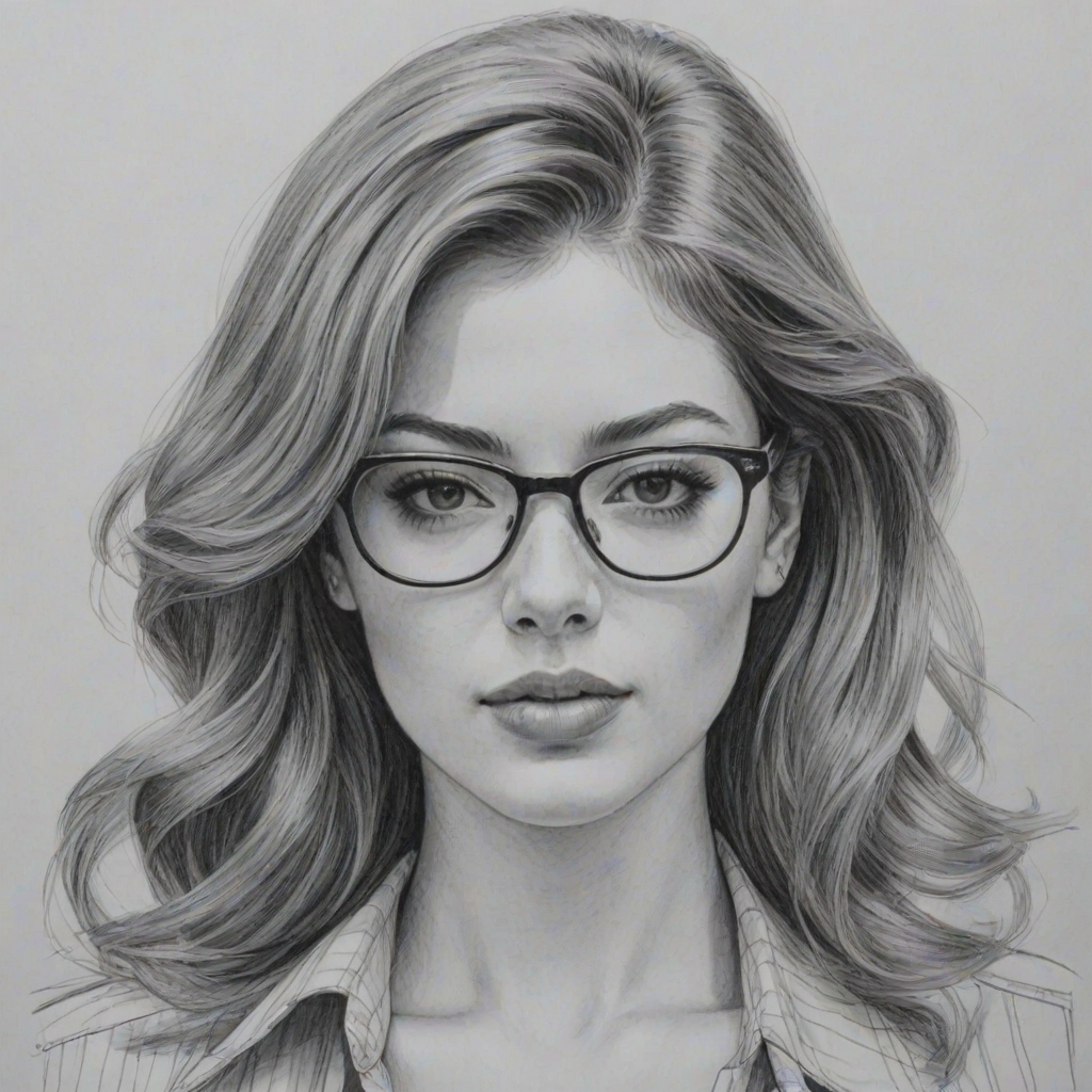 Ravishing Elena Satine, pencil sketch, portrait of Sublime woman 1979s in glasses, hair style beatnik, outline, clear lines, fine lines, 8k