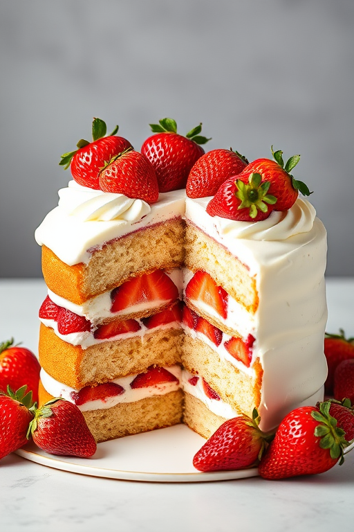 Create a photo of a layered cake with fresh strawberries on top and white frosting the cake is partially sliced revealing layers of strawberries and cream in between the cake layers the background is simple and neutral