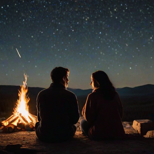Warm, intimate photo of a couple sitting by a campfire under the stars, soft glow from the flames illuminating their faces, distant constellations twinkling above, the smell of burning wood and the soft crackle of the fire filling the air.
