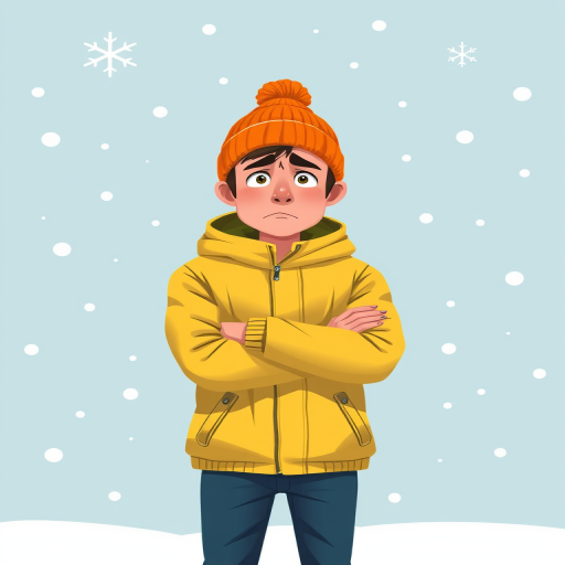 Create a digital illustration of a person wearing a yellow winter jacket and an orange beanie, standing with arms crossed and a worried expression against a light blue snowy background with white snowflakes, using a Canon EOS R5, 50mm lens, f/2.8 aperture, 1/200 sec shutter speed, and ISO 200 to enhance image clarity and detail.