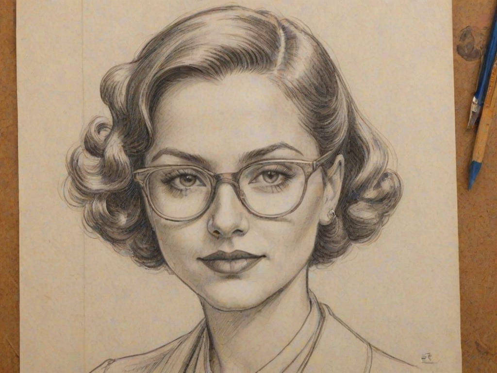 Pleasing Cristina Milian, pencil sketch, portrait of Pleasing woman 1930s in glasses, hair style beatnik, outline, clear lines, fine lines, 8k