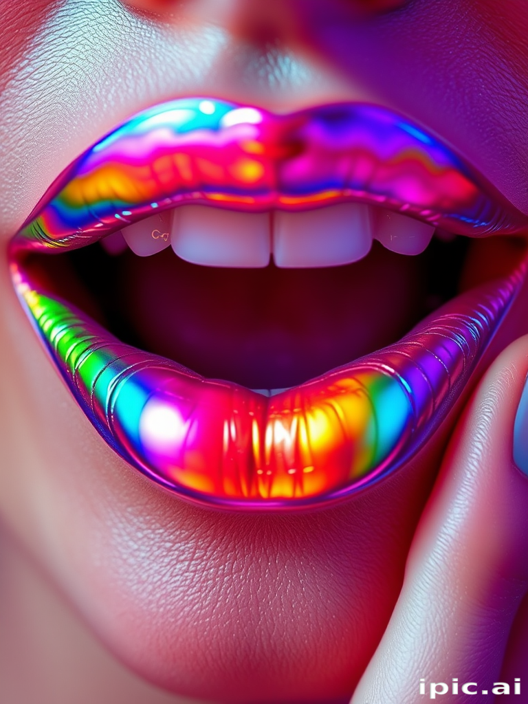 Dazzling holographic lips shift colors with every movement, creating a mesmerizing rainbow effect that captivates viewers and pushes the boundaries of lip artistry