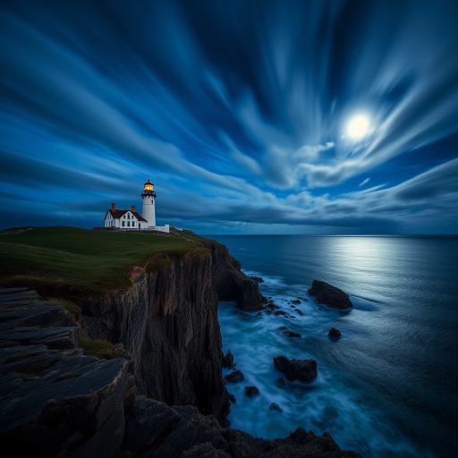 Capture a dramatic coastal scene featuring a lighthouse on a cliff at twilight, with a dynamic sky filled with swirling clouds illuminated by the moon, using a DSLR camera with a wide-angle lens, settings: ISO 100, f/8, 30 seconds exposure, tripod mounted, shot from a low angle to enhance the scale of the cliff and lighthouse.
