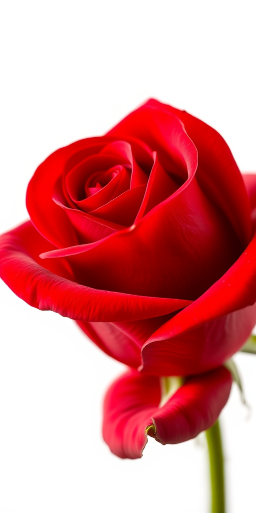 Create a high-resolution close-up image of a single red rose against a white background, using a DSLR camera at f/2.8, ISO 100, 1/100s shutter speed, with a 50mm lens in natural lighting to enhance details and colors.