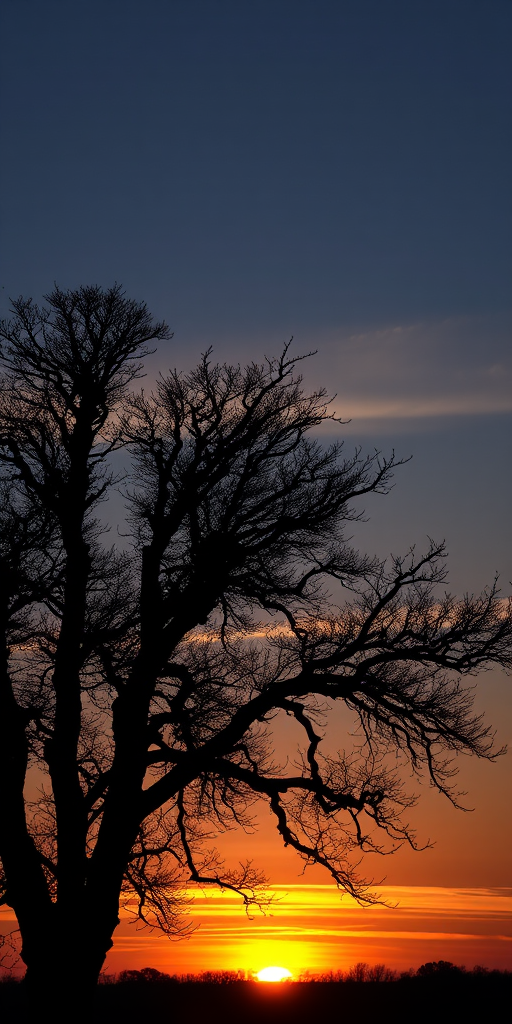 Create a high-resolution image of a silhouetted tree against a sunset sky, using a DSLR camera, with a focal length of 50mm, aperture set to f/2.8, ISO 200, and a slight HDR effect to enhance colors and details.