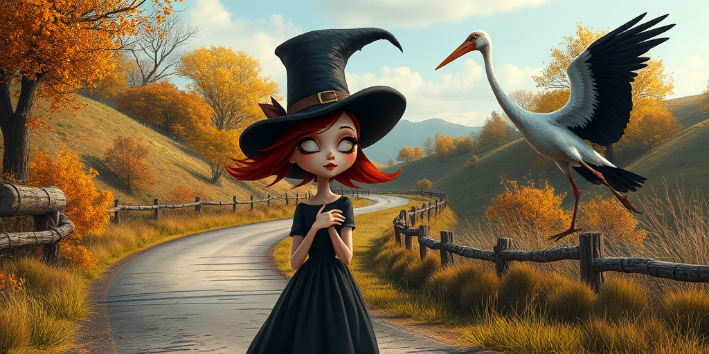 digital art fantasy depicting a strange girl with red hair, long eyelashes, brown lipstick and a tall hat walking along a winding road on an autumn afternoon, an Stork smiles as she passes