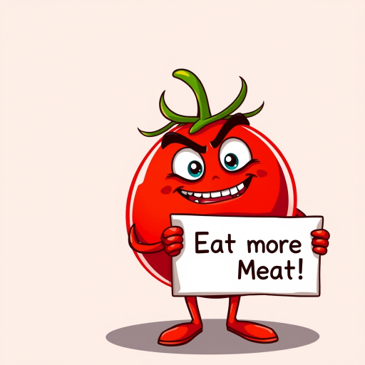 Create a cartoon-style illustration of an angry tomato character holding a sign that says "Eat more Meat!" with a playful expression, using a vibrant color palette and a simple background, captured with a DSLR camera at f/4 aperture, ISO 200, and a 50mm lens to enhance sharpness and detail.