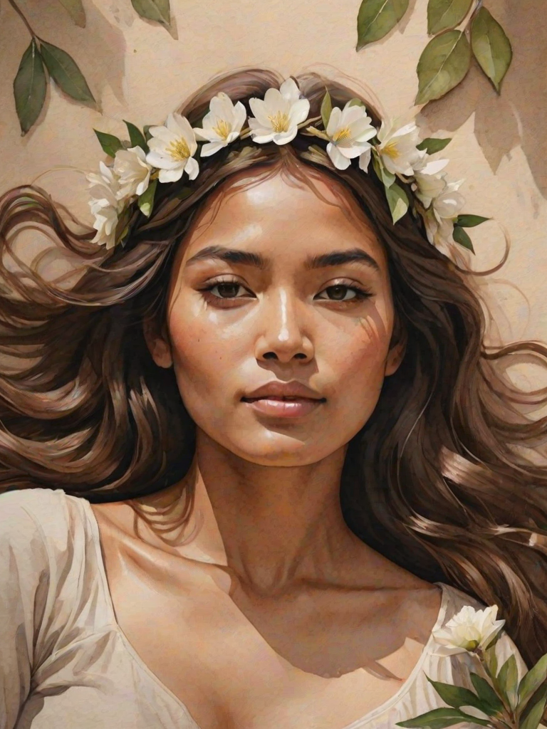 create a watercolor painting of an ethereal portrait of beautiful Aymara woman with a simple white flower crown on her head. Her hair is long and she is lying on the ground. The sunlight on the trees casts shadows from the leaves on her face and body. The background is a neutral brown color that matches her skin tone. The image is minimalist and solid colors. This style is characterized by soft, delicate brushstrokes and a light, airy, contrasting color palette. High level of detail and play of light